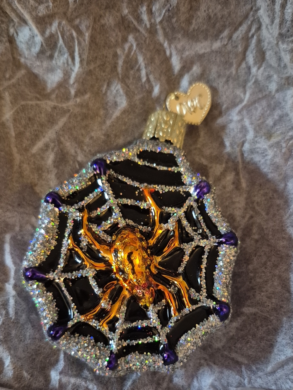 Glass Spider Web Holiday Ornament in Black, Gold and Purple - Picture 2 of 3
